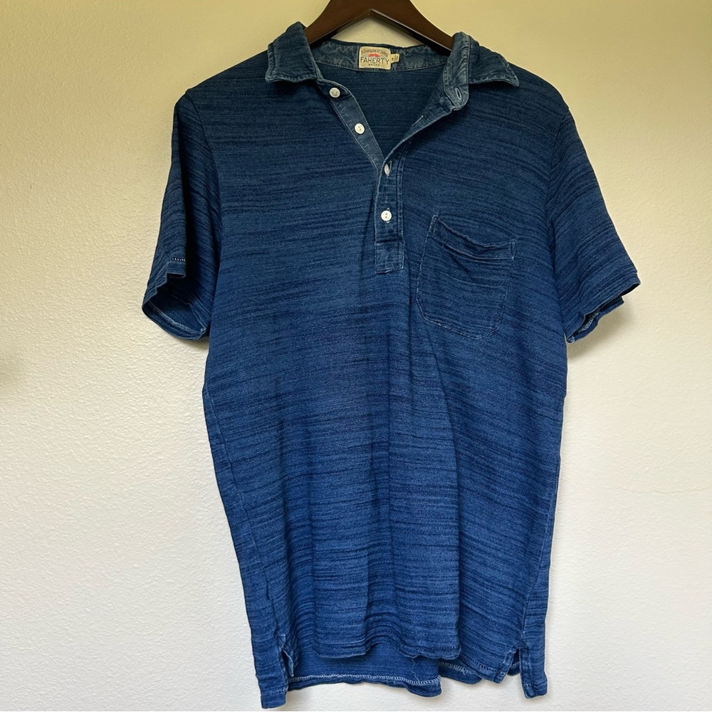 Faherty Distressed Wash Blue Polo Shirt Men's S Denim Color Striped Golf Top